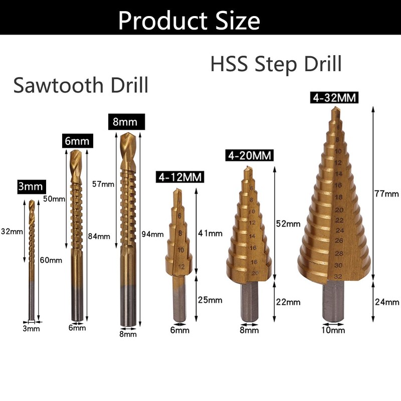 6Pcs Step Drill Bit Set, HSS Drill Bits Cone Drill