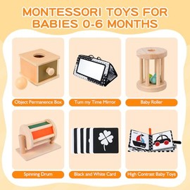 Montessori Toys for Babies 0-6 Months, 6 in 1 Learning Educational Set for Newborn, Toddlers Gifts Includes Spinning Drum, Object Permanence Box, Baby