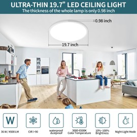Led Ceiling Light Fixtures Dimmable with Remote Control, 15.4 Inch Ultra Thin Modern Flush Mount, 36 W, 4500 LM, with Night Light, for Bedroom, Kitchen, Dining Room, Living Room