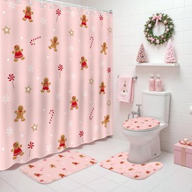 Mocsicka Pink Christmas Shower Curtain Set Xmas Candy Stars Cute Gingerbread-Man Snowflake Christmas Bathroom Decor Accessory Set with Non-Slip Washable Bath Rugs Toilet Lid Cover