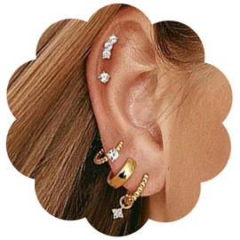 14K Gold Plated Hoop Earrings, Hypoallergenic Stackable Set, Waterproof Pearl And Chain Dangle Design, Trendy Gold Plated Jewelry Sets For Women., Adjustable size, Stainless Steel, No Gemstone