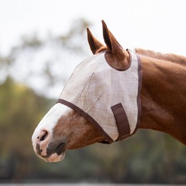 Kensington UV Horse Fly Mask with Web Trim - Protective Mask with Dual Ear Opening & Forelock Freedom - Large, Desert Sand