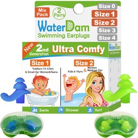 WaterDam Swimming Earplugs Waterproof Ultra Comfortable to Prevent Swimmer's Ears, Size 1+2: Toddler (Blue) Small Medium Ears for Women Kids Teens
