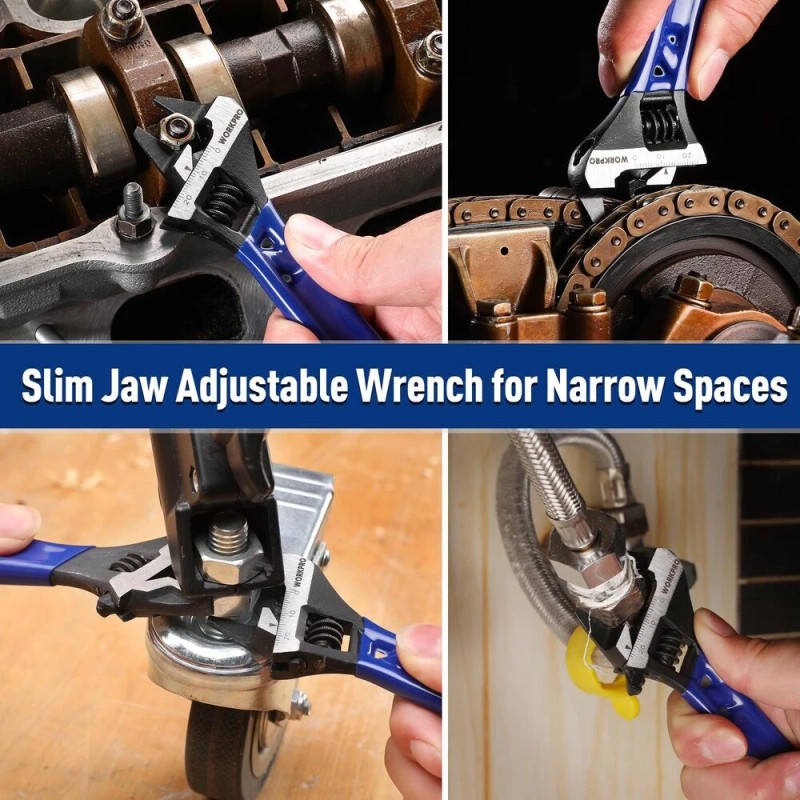 WORKPRO 4" Thin Jaws Stubby Wide Opening Adjustable Wrench w/2mm