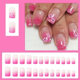 Spring Press on Nails Short Square - ZWENJIE Pink Ombre Fake Nails Press ons Nail Art Tips with Glitter Flower Design Full Cover Acrylic False Nails Glossy Glue on Nails for Women 24 PCS