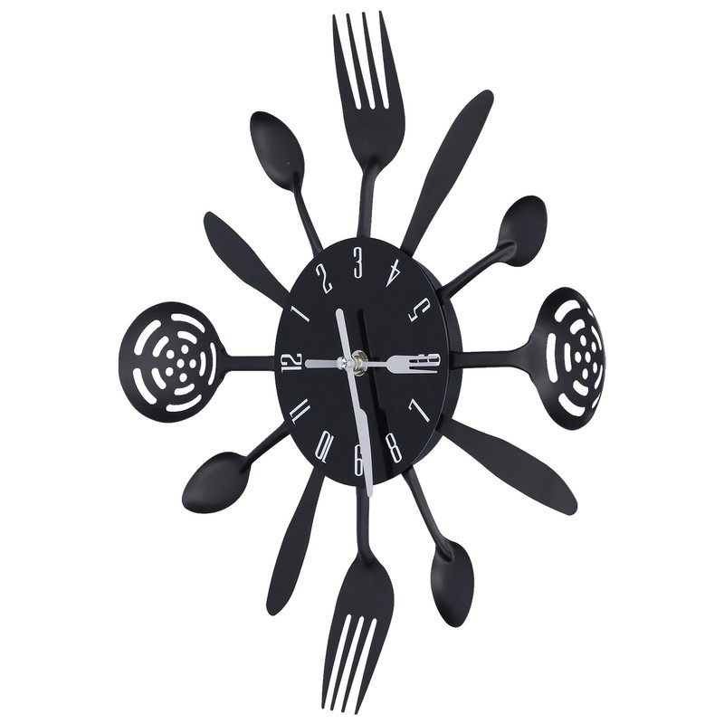 Black Kitchen Wall Clock Removable Modern Cutlery Kitchen Spoon Fork