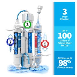 Aquatic Life RO Buddie 3-Stage Reverse Osmosis Aquarium Water Filter System RO Filtration Unit for Fish Tank, Fountains, and More, 100 GPD