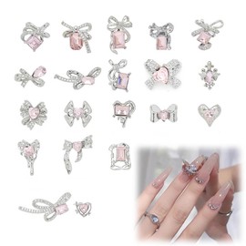 ZJYCLY Nail Parts Ribbon Stone Glitter Rhinestone 20pcs (Pink) Big Heart Bowknot Nail Art DIY Craft