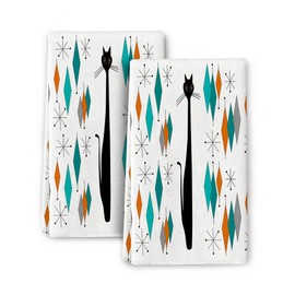 Wovoto Mid Century Modern with Black Cat Kitchen Towels 16"x24" Retro Dish Towels Bathroom Hand Towels 2 Pieces Soft Absorbent Tea Towels for Kitchen Cooking Baking Farmhouse Home Decor