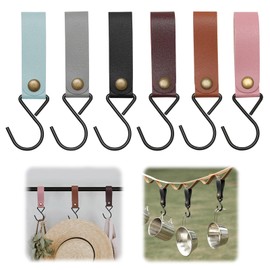 Juyibaao Pack of 6 Clothes Rail Hooks, S Camping Hooks with Leather Loop - S-shaped Multifunctional Metal & PU Leather Hooks for Kitchen, Bathroom, Backpack, Pushchair