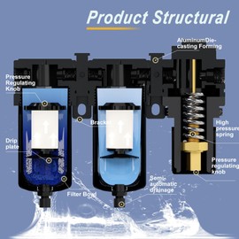 ATINY 1/2" NPT Air Compressor Water Separator, Air Pressure Regulator Combo, Air Compressor Filter Dryer,5 and 5 Micron Filter Cartridge,Semi-Auto Drain, Metal Bracket-Black