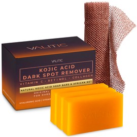 VALITIC Kojic Acid Dark Spot Remover Soap with Turmeric, Vitamin C, Retinol - Original Japanese Complex with Hyaluronic Acid, Vitamin E, Shea Butter, Castile Olive Oil - 3 Pack and African Net Sponge