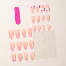 24Pcs Pink French Tip Press on Nails Medium Almond Fake Nails with Charms White Pink Bow False Nails Reusable Pearl Acrylic Nails Full Cover Nude Glossy Glue on Nails for Women Girls Nail Supplies