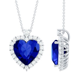 Rosec Jewels Certified 12mm Lab Grown Blue Sapphire Heart Pendant With Silver Chain, AAAA Quality, Heart of the Ocean Necklace, 925 Sterling Silver, With Chain