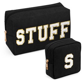 MAGEFY Makeup Bag，2 Pcs Initial Cute Makeup Bag for Purse Corduroy Cosmetic Bag for Girls Women Small Travel Makeup Pouch with Zipper (Black-STUFF+S)