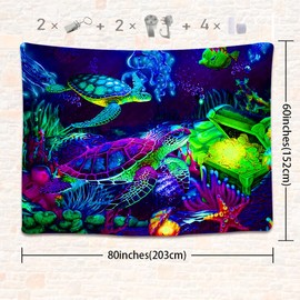 SHRAPHY Black Light Turtle Tapestry 80x60 Inches Trippy Marine Wildlife Tapestry UV Reactive Colored Plant Coral Tapestry Wall Hanging for Living Room and Bedroom YGTHYUH8