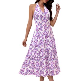 DRESSTELLS Women's Maxi Sundress Summer Floral Print Flowy A Line Dress Halter Neck Spring Tiered Flowy Beach Long Dresses Purple Floral XL