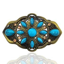 CHENNAN Bohemian Style Western Belt Buckle with Turquoise Stone, 38 mm - 40 mm, Oval Flower Shaped Belt Clasp Made of Synthetic Turquoise, Vintage Turquoise Belt Buckle for Men and Women, Blue C