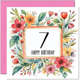 7th Birthday Card for Women - Any Age - Floral Birthday Card for 7 Year old Girl Kids Daughter seven, seventh Granddaughter Niece Sister cousin
