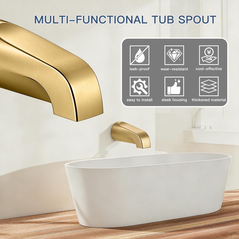 Brushed Gold Tub Spout Without Diverter, Shower Faucet,Brass Adapter,5.3"