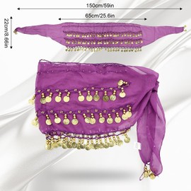 Belly Dance Hip Scarf Belly Dancer Outfit 3-Layer Gold Coin Crochet Design, Showing the Waist Curve, Adjustable Length Suitable for Yoga, Performance (Purple)