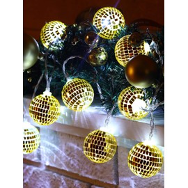 BBTO 10 LED Disco Ball String Light Mirror Disco Ball Ornaments 70s 80s 90s Disco Party Supplies Battery Powered Disco Balls with String for Christmas Tree Holiday Decor(Gold,1.57 Inch)