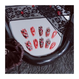 UNIYVOH Handmade Press on Nails Holiday Fake Nails with Designs, Cross/Skull/Spider/Scary Bloody, Women Reusable False Nails (Bloody, S)