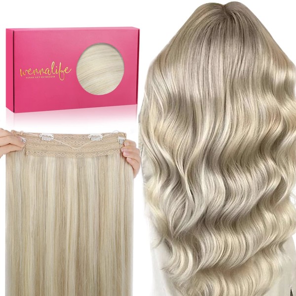 WENNALIFE Secret Hair Extensions Real Hair, 45 cm, 18 Inches 95 g Ash Blonde Highlights Platinum Blonde Hair Extensions Real Hair Wire Extensions Invisible Wire Extensions