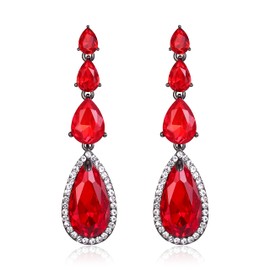 BriLove Wedding Bridal Earrings for Women Elegant Multi Teardrop Long Chandelier Drop Dangle Ruby Color Black-Tone