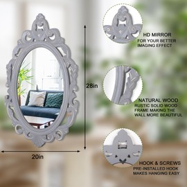 Vintage Hanging Wall Mirror Wall Decor 28"x20" Antique Oval Carved Wood Frame Bathroom Mirror Vanity Rustic Wall Mounted Mirrors Decorative Farmhouse Mirrors for Bedroom Living Room Grey