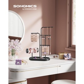 SONGMICS Jewelry Stand, Jewelry Organizer, Jewelry Display Holder with Metal Frame, 2 Earring Boards, 4 Hanging Rods, Necklace Earring Bracelet Holder, for Watches, Christmas Gift, Ink Black