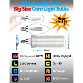 Xyanmc E12 LED Corn Light Bulbs, 20W LED Candelabra Bulbs 200W Equivalent, Daylight White 6000K, Ceiling Fan Light Bulbs,3000lm, Non-Dimmable, LED Chandelier Bulbs for Ceiling Fan, Floor Lamps,2 Pack