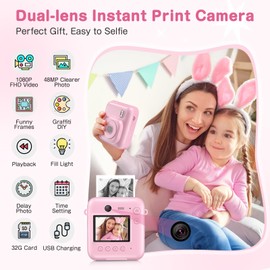 Kids Camera Instant Print, Dual-Lens 48MP Digital Camera,1080P HD Video and Selfie Kids Camera with 32G Card and 4 Print Paper, for Age 3-12 Years Old Boys & Girls Birthday Gifts (Pink)
