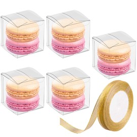 JOERSH 2x2x2 Inches Clear Boxes for Favors with Gift Ribbons, 60 PCS Mini Transparent Cube Wedding Baby Shower Birthday Party Favor Boxes, Small Gifts Display Individual Macaron Box
