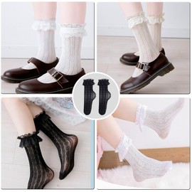 3 Pairs of Socks with Ruffles Women's with Bows, Ruffle Socks Costume Socks Women, Lace Ankle Socks Ruffle Costume Socks Women, Dirndl Socks Women for Lolita Dress, Kawaii Clothes Women Girls, White