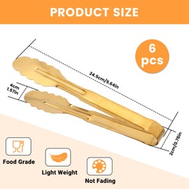 6 Pack Gold Serving Tongs, 9 Inch Stainless Steel Buffet Tongs, Gold Serving Utensils for Weddings Parties Banquets Buffets Family Gatherings Kitchen Cooking Serving Clip