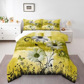 Rustic Floral Comforter Set Queen Size,Farm Daisy Flowers Butterfly Country Bedding Set for Women Adult,Yellow Abstract Art Graffiti Luxury Bed Duvet Insert, 2 Pillowcases