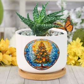luckluccy Set of 3 Flower Pots Christmas Tree Stained Glass Ceramic Flower Pots for Indoor Plants with Drainage Hole Christmas Themed Outdoor Pots for Indoor Plants Outdoor