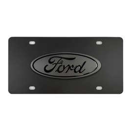 Ford Oval Decorative Vanity Front License Plate Stainless Steel (Black on Black Brass Emblem)