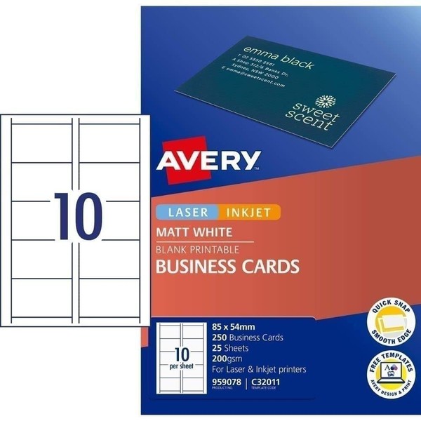 Avery C32011-25 Printable Single-Sided Business Cards, 10 Cards Per A4 Sheet