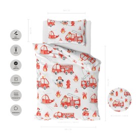 MTOnlinehandel Baby Bed Linen 100 x 135 cm Set - 2-Piece with Pillowcase 40 x 60 cm - Children's Bed Linen Little Hero Animals - Cotton - Fire Brigade & Fire Engine Motif - Oeko-Tex Certified