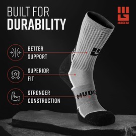 MudGear Ruck Crew Socks, Merino Wool Tactical Boot Socks for Military, Rucking, Hiking, and Outdoor Adventures, Compression Comfort, Anti-Blister, Sweat-Resistant, USA-Made, Gray/Black, Large