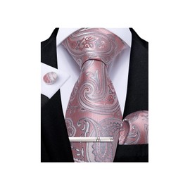 DiBanGu Pink Paisley Ties for Men Woven Silk Tie and Pocket Square Cufflinks Tie Clip Wedding Neckties Handkerchief