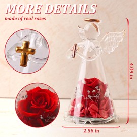 Angel Figurine Holding Cross Preserved Flowers Gifts for Grandma Women for Friends Preserved Rose for Girls Preserved Flower Rose for Her Eternal Flower for Mom Forever Pink Rose Angel with Rose