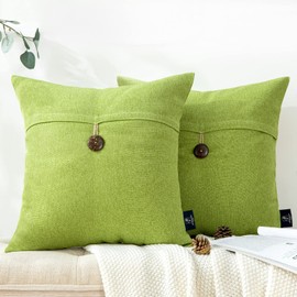 Phantoscope Pack of 2 Throw Pillow Covers Premium Coconut Button Vintage Linen Decorative Pillow Cases for Couch Bed and Chair Yellow Green 18 x 18 inches 45 x 45 cm