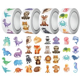 Pack of 2000 Animal Stickers Roll, Round Cartoon Dino Stickers, 4 Themes Reward Stickers, Animals, Children's Animal Stickers for Teacher Prize Motivation Sticker Laptop