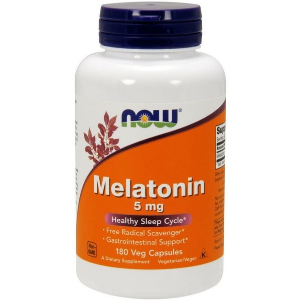 NOW Supplements, Melatonin 5 mg, Free Radical Scavenger*, Healthy Sleep Cycle*, 180 Veg Capsules