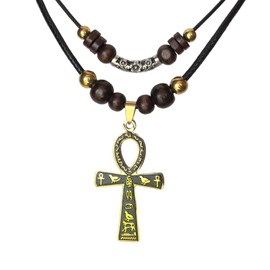 Double Layer Egyptian Necklace Ankh Cross Pendant for Men Women Stainless Steel Ancient Egyptian Hieroglyphic Symbol Necklace (Gold)