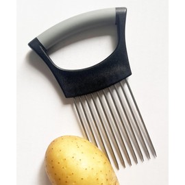 Onion Slicer Vegetable Chopper Onion Holder Slicing,Tomato Cutter with Cover for Fruit,Lemon,Egg,Butter,Potato,Mushroom,Green Pepper,Hand Held Slicer,Food Slice Assistant,Kitchen Tool (Black & Gray)