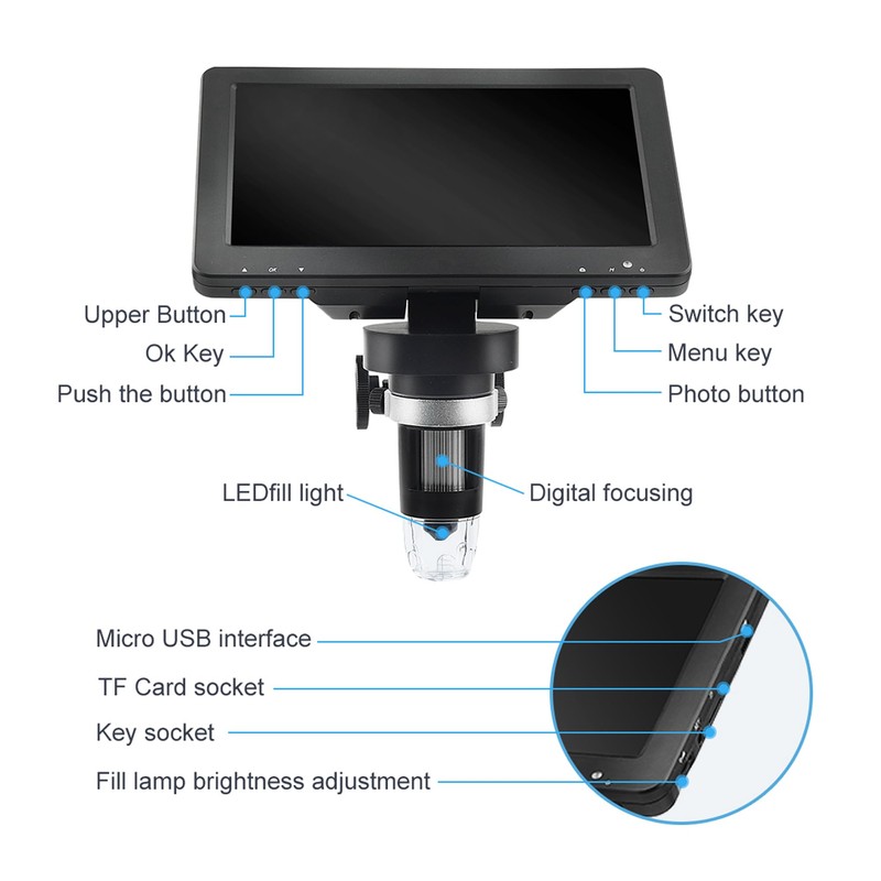 DM9 7'' LCD Digital Microscope 1200X, 1080P Coin Microscope Magnifier,